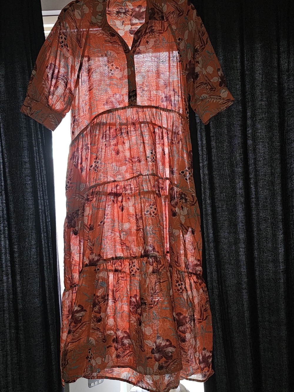 Natural Life Boho Orange & Brown Floral Tiered Women's Dress Sz Lg